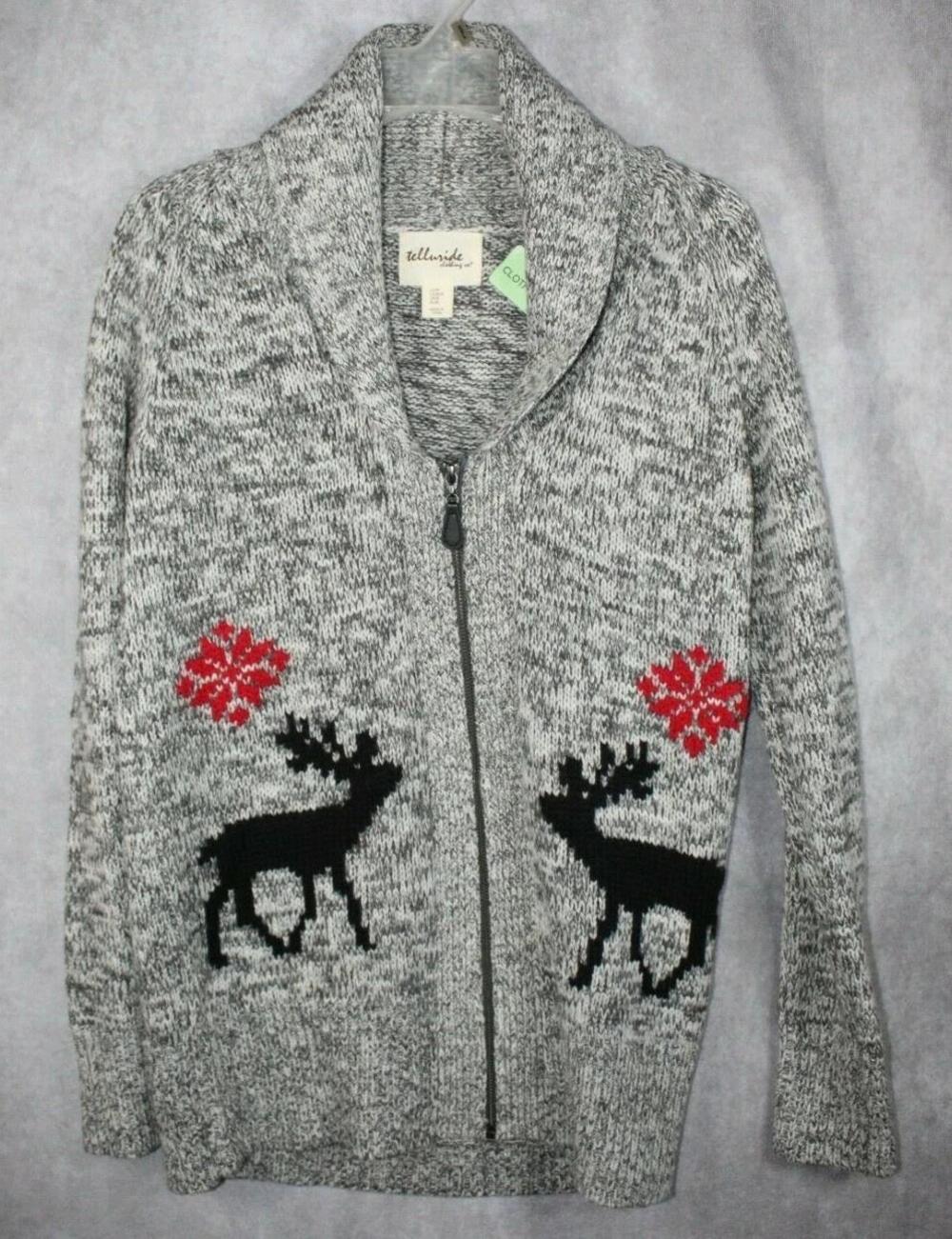Telluride Sweater Womens Small Gray Full Zip Chunky-Knit Fair Isle Holiday